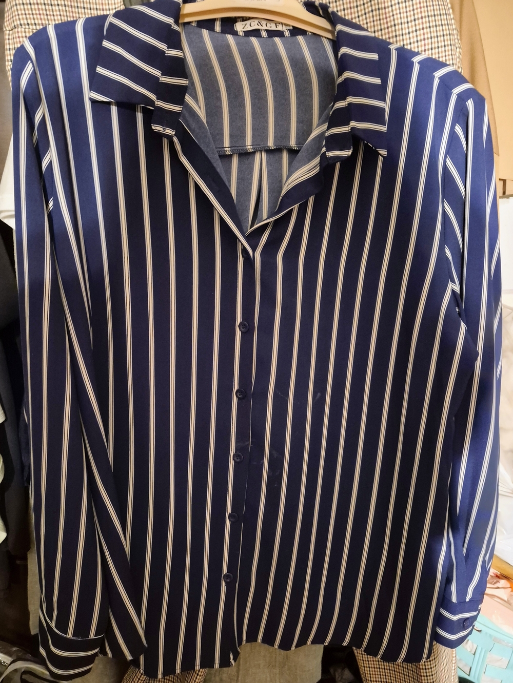 Striped Navy Button-Up Shirt - Classic Women's Shirt 2XL